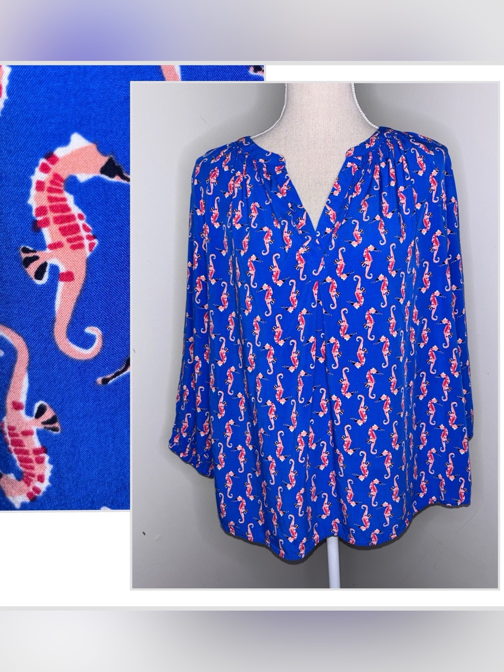 Crown & Ivy royal blue & pink seahorse print 3/4 sleeve blouse top size 1X